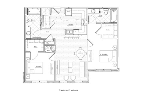 Floor plan for 2 beds, 1 bath, 967 sqft